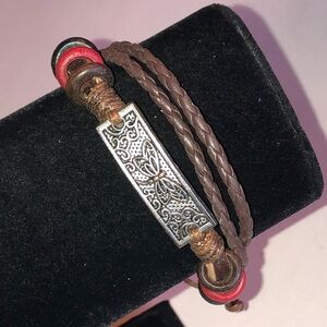 Brown Braided Faux Leather Bracelet with Floral Metal Plate